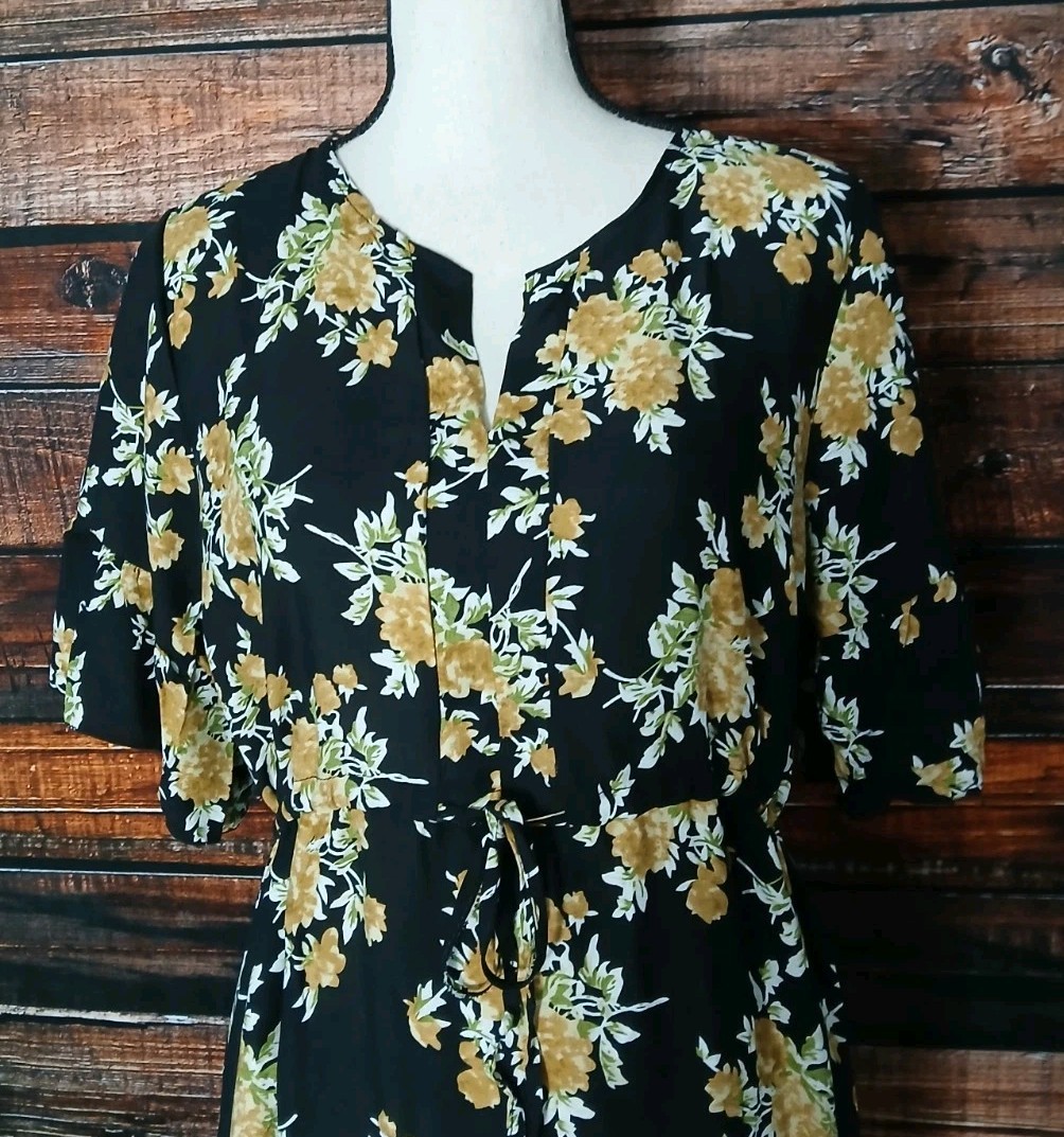 Seven Islands Maxi Dress M Oversized Black Floral Rayon Drawstring Waist NWT