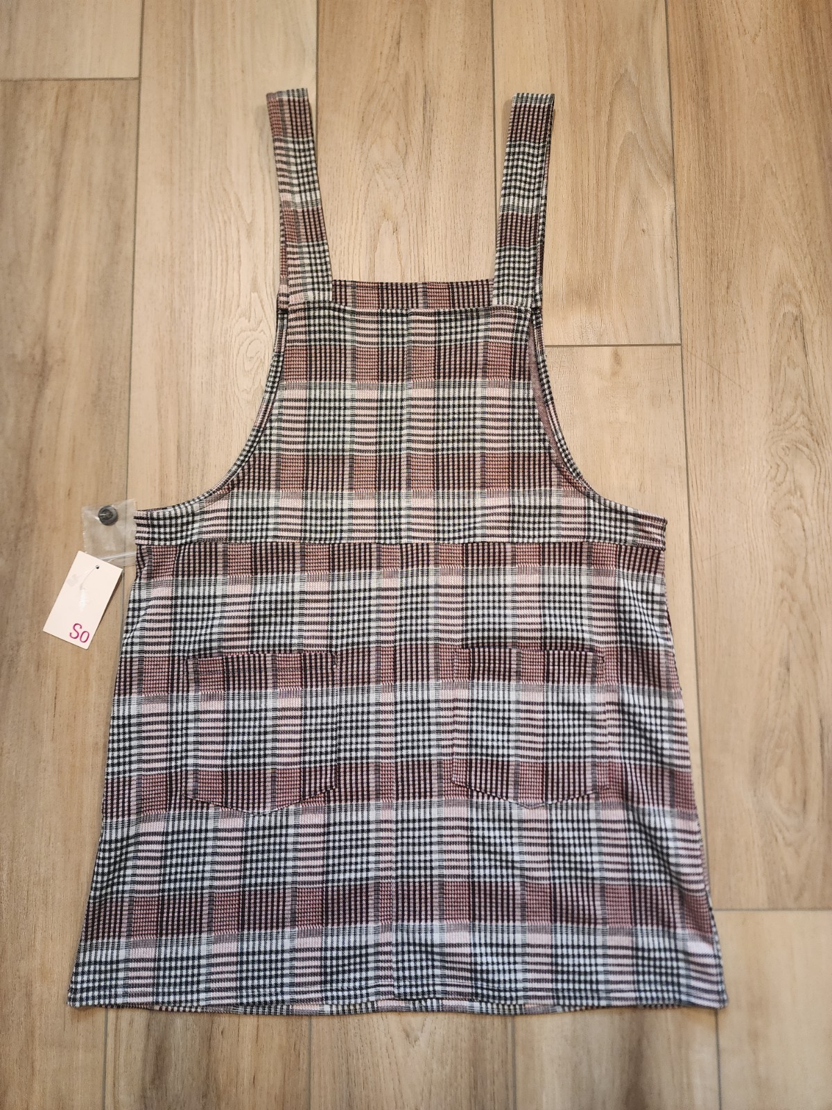 SO Juniors Button-Strap Pinafore Mini Dress Pink Black Plaid Size L