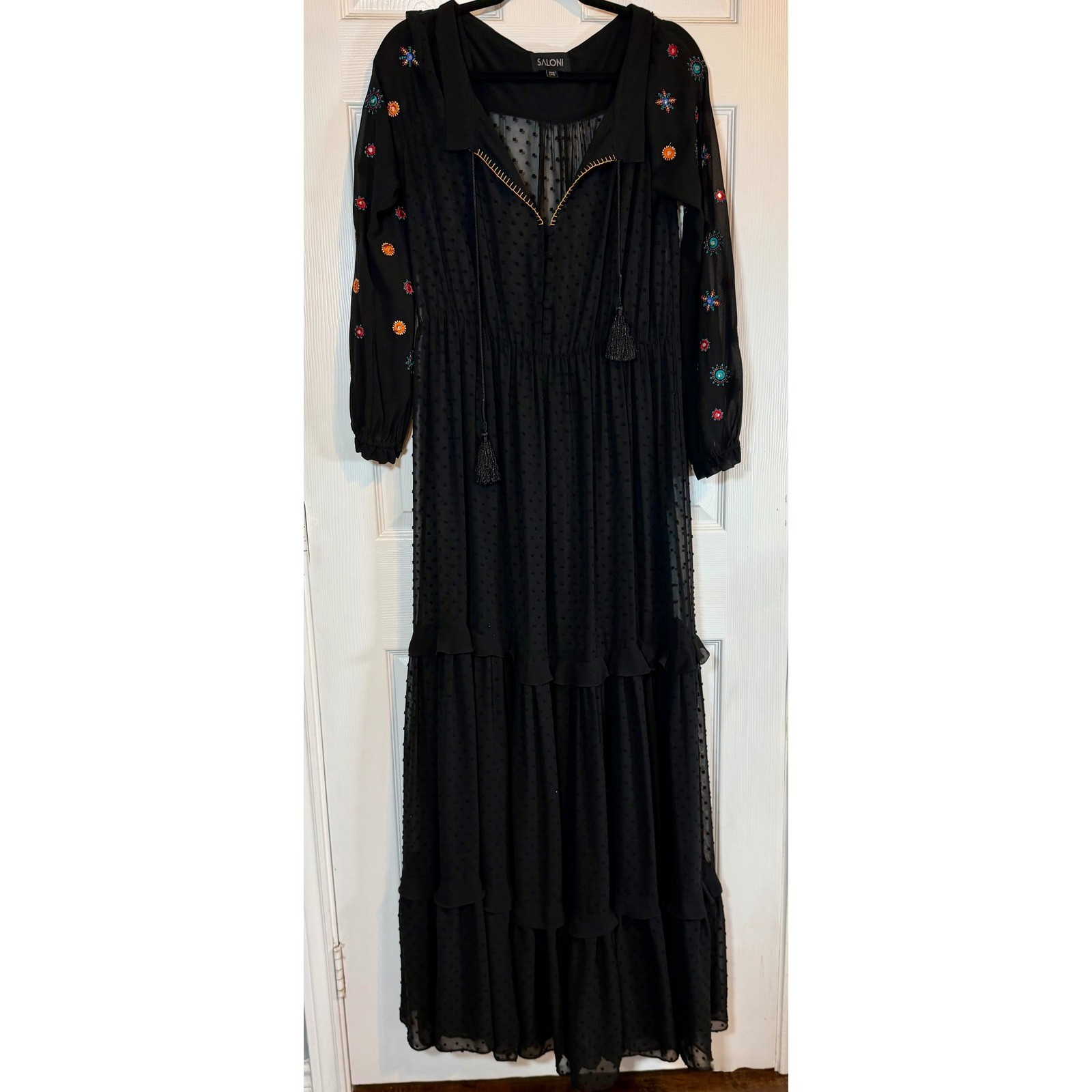 Saloni Black Embroidered Clip Dot Maxi Dress Tassel Tiered Boho Womens 6 UK 10