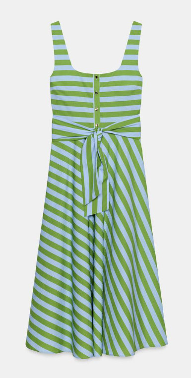 ZARA ZW COLLECTION STRIPED BELTED GREEN/BLUE MIDI DRESS sz L