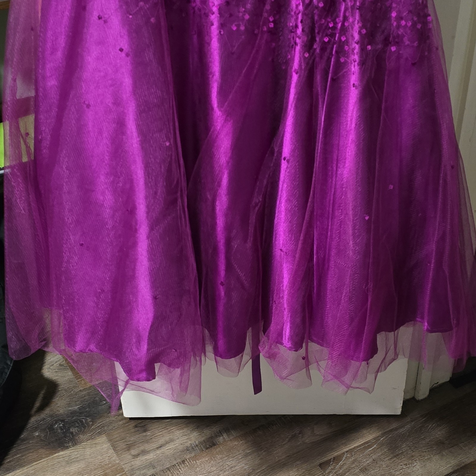 Purple Sequin Beaded Bow Accent Asymmetric Prom Dress Tulle Sleeveless Formal 10