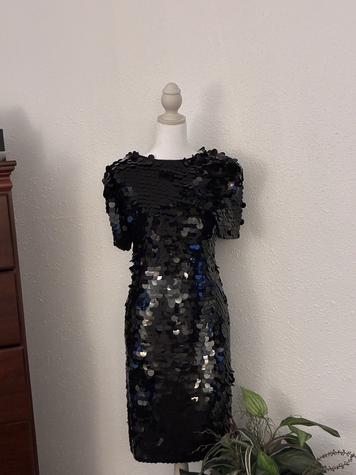 Vintage AJ Bari Black Sequin Mini Dress 90s Paillette Disco Club Party Size 8!