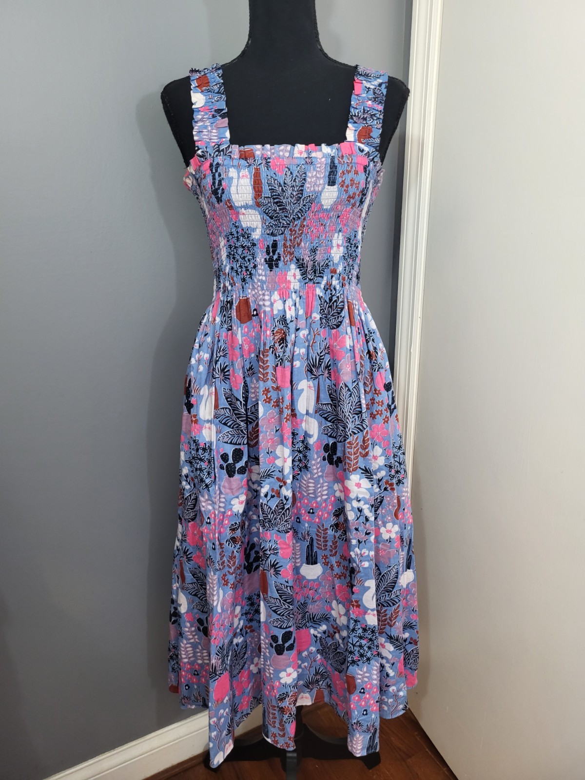 Kate Spade Garden Posy Smocked Midi Dress Blue Pink Cat Feline Women’s Size S