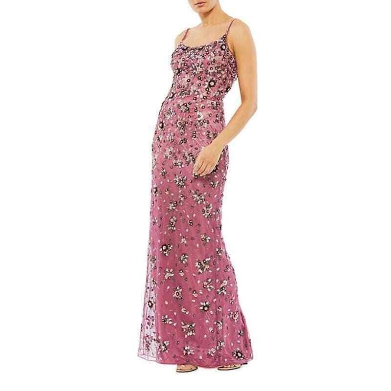 NWT MAC DUGGAL FLORAL EMBELLISHED LOW BACK SCOOP NECK ROSE PINK DRESS 10 5477