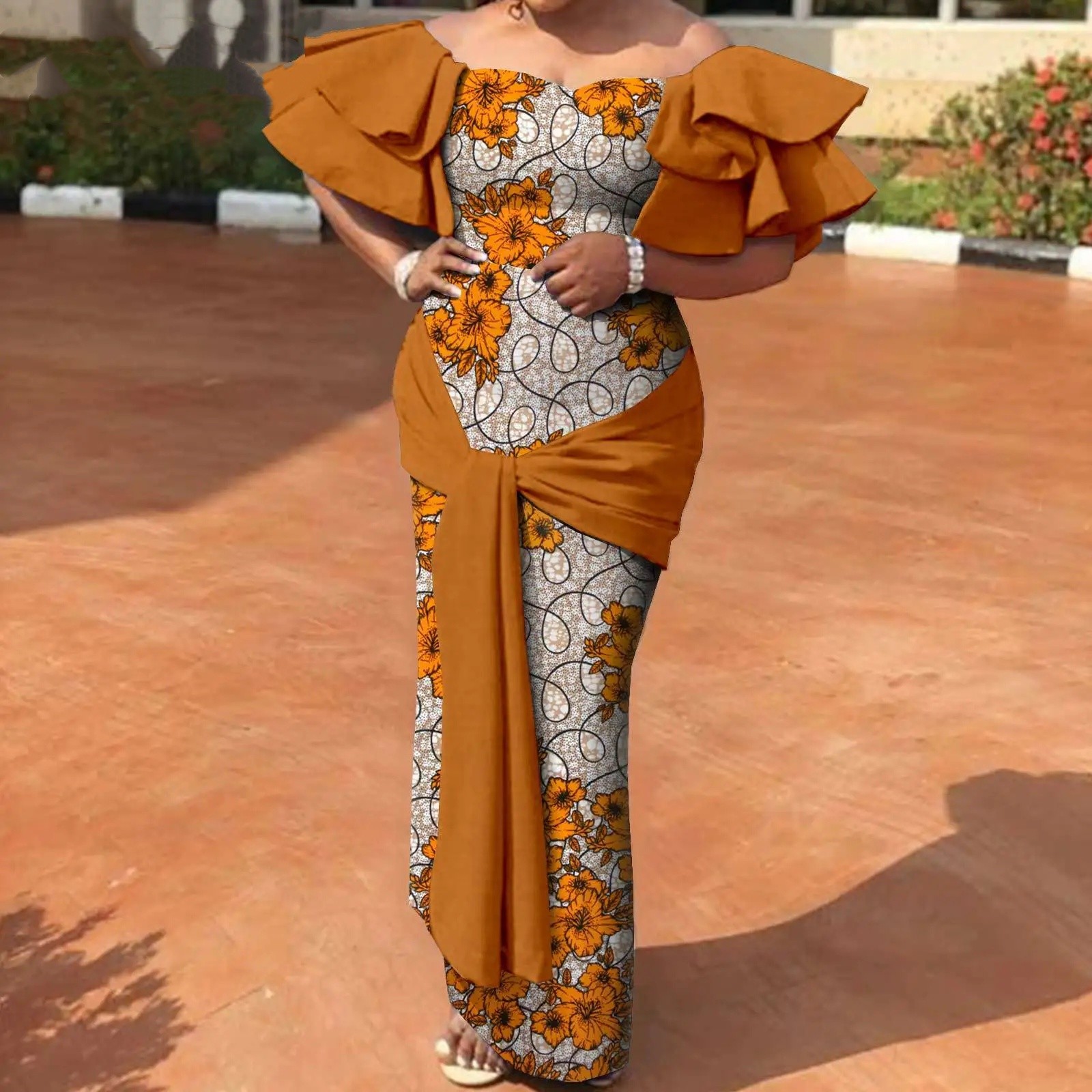 African Women Dress Ankara Print Flare Sleeve Ankle Length Strapless Party Dress