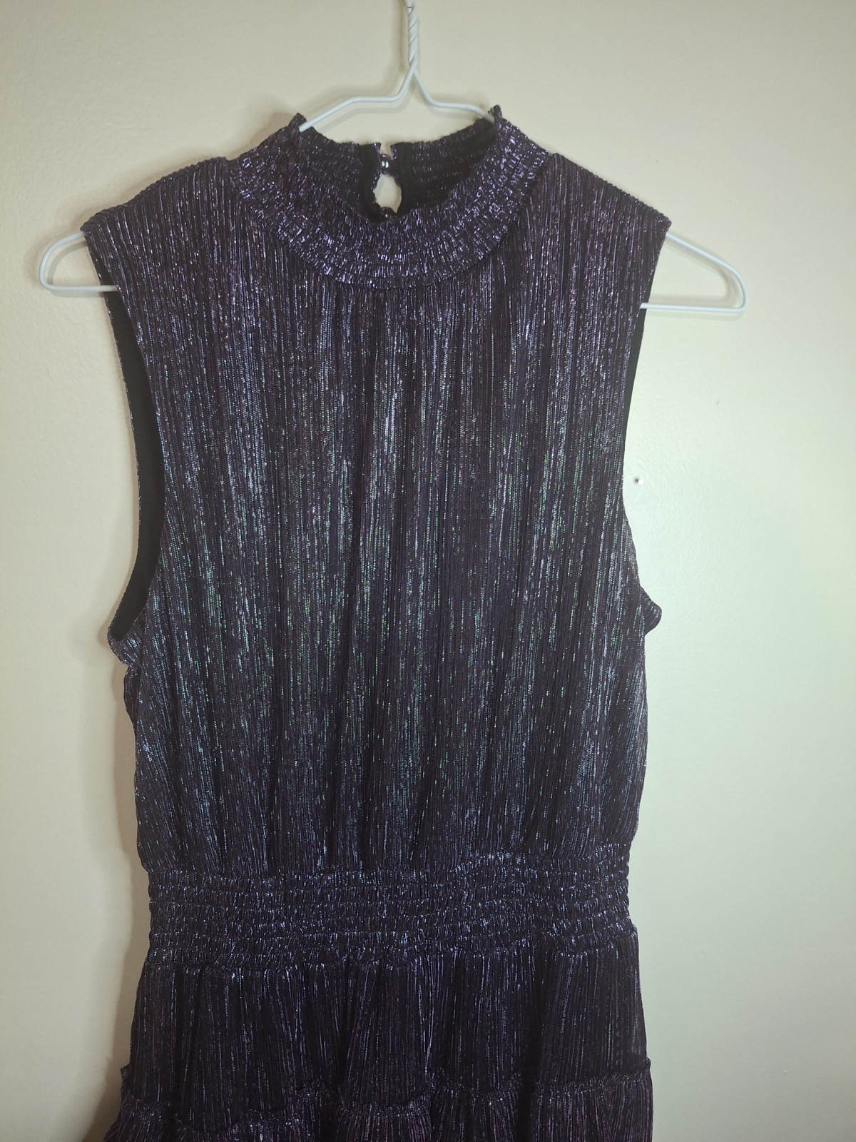 1.STATE Women’s Metallic Pleated Tiered Mini Dress Mock Neck Sleeveless M