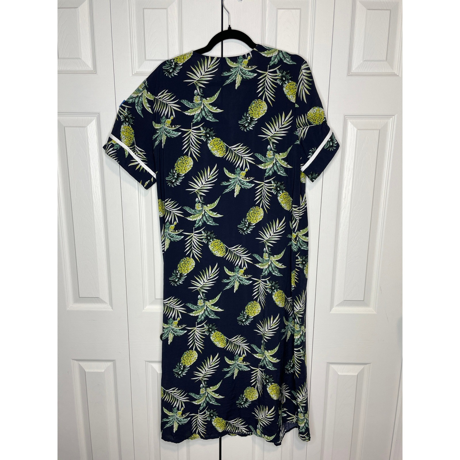 Ekouaer Pineapple House Dress Snap Front Muumuu Coastal Boho Navy Cotton Large
