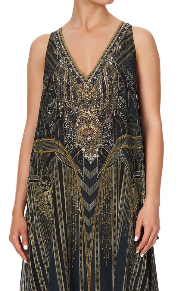 Camilla Long Multiwear Dress Great Scott Silk Kaftan Crystals Black Gold $749