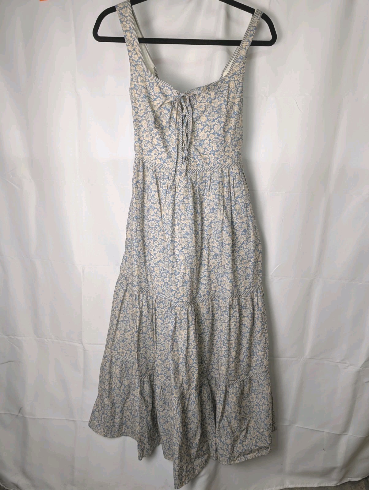 Christy Dawn Adele Dress Blue Floral Stripe Piping 100% Regenerative Cotton XS
