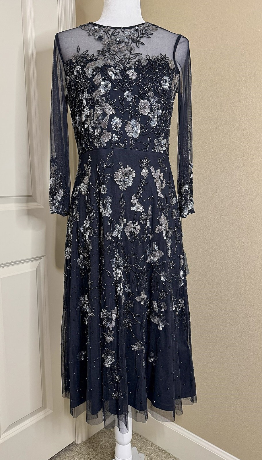 Adrianna Papell Floral Sequin Beaded Sheer Navy Dress NWT Size 6