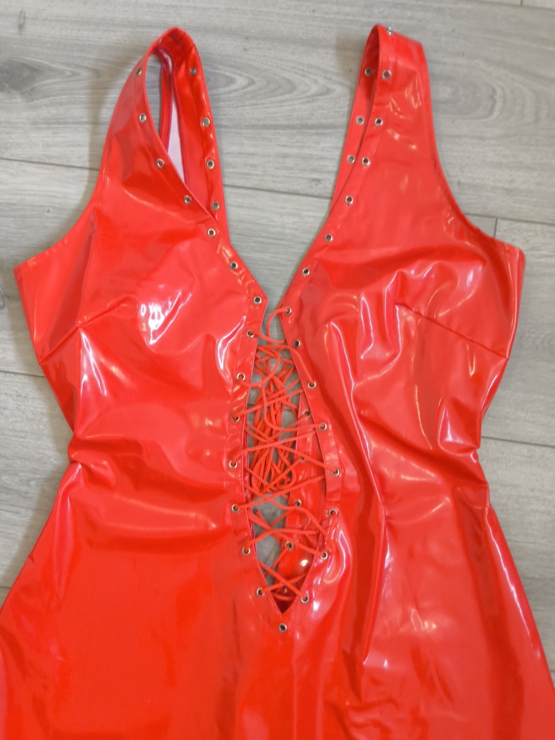 BNWOT Bright Red PVC Plunge Neck Lace Up Front & Back Bodycon Dress Size 10-14