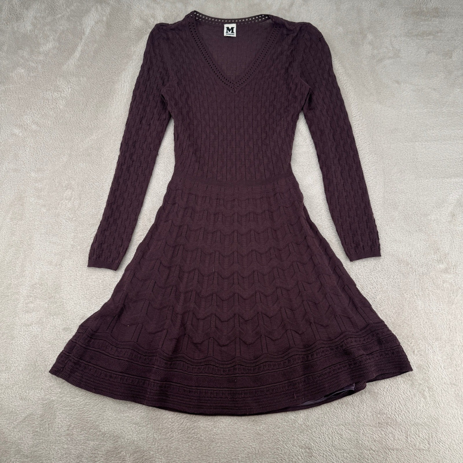 Vintage M Missoni Fit & Flare Sweater Dress Womens 40/4 Purple Flaws Cable Knit