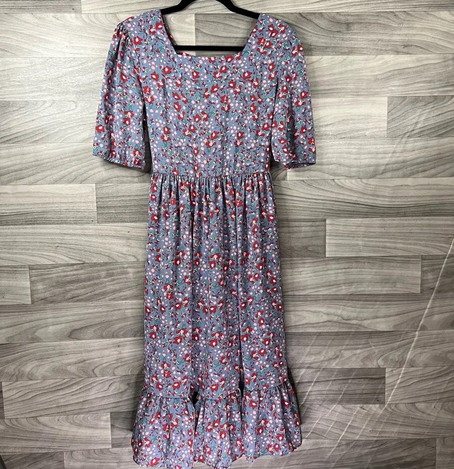 Citrus Lemon Womens Dress Gray Midi Floral Square Neck Short Slv M Granny Core