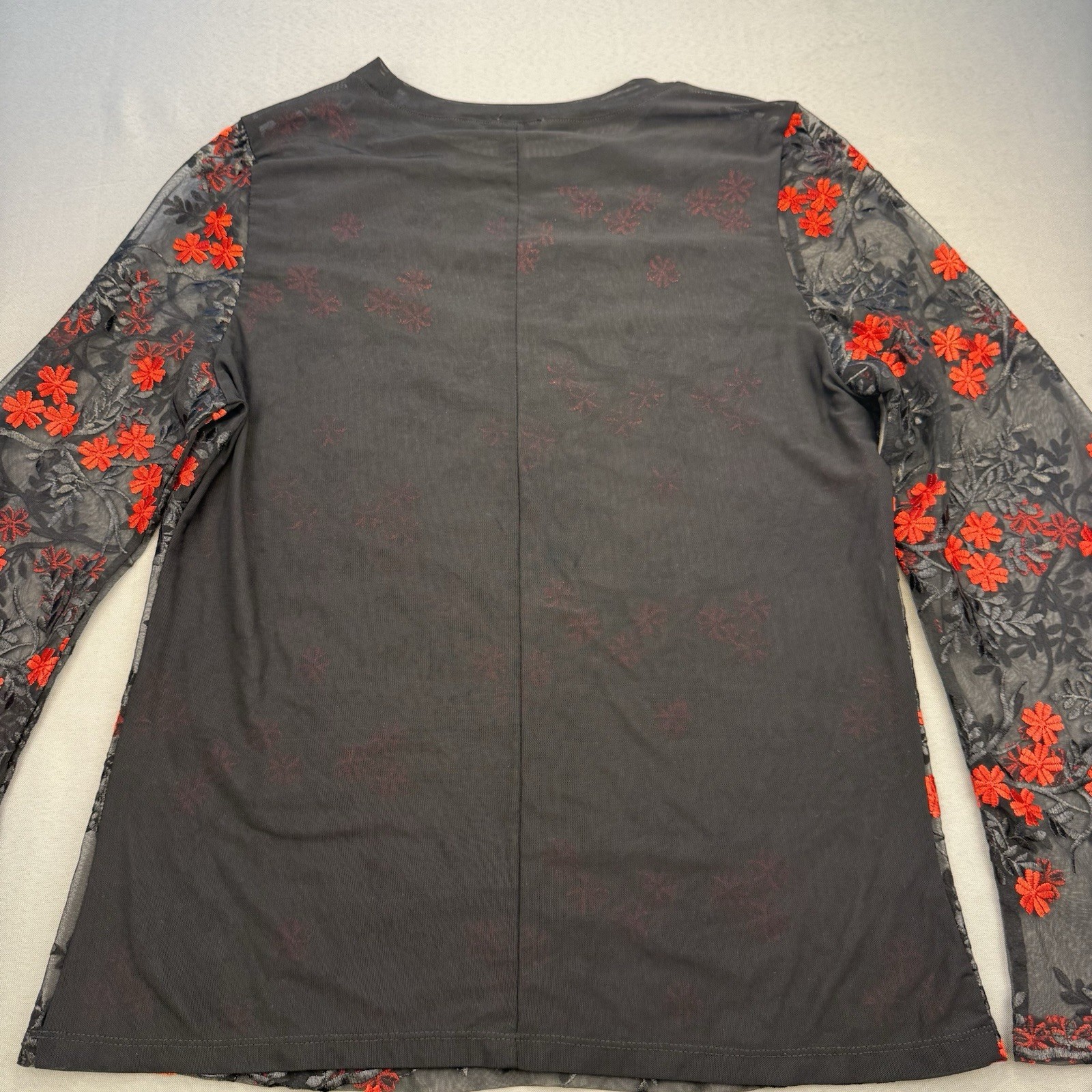 Lace Embroidered Black Red Floral Long Sleeve Sheer Top Blouse Size M Metrostyle
