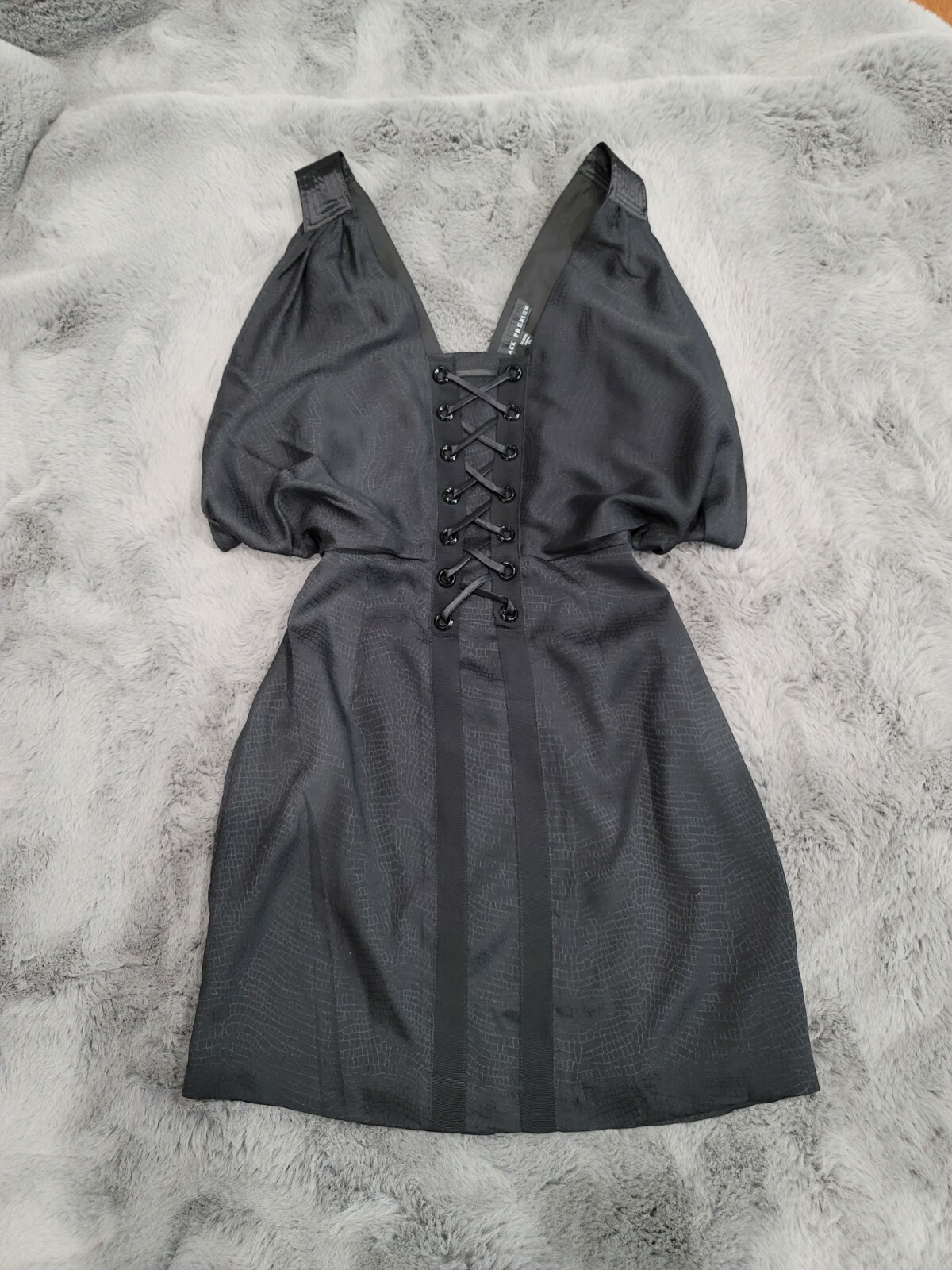 New Sinful Affliction Premium Black Silk Batwing Corset Mini Cocktail Dress 2