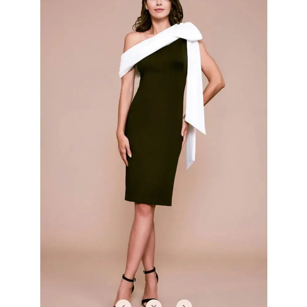Tadashi Shoji Rigel Scuba White Bow Black Dress s.L Draping Off The Shoulder NEW
