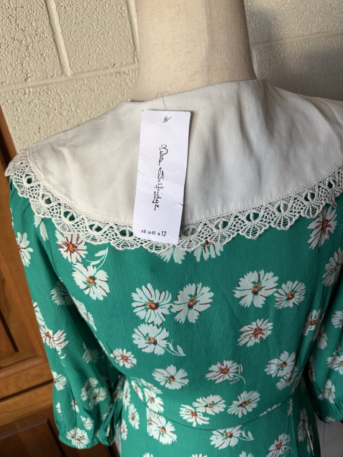 Miss Selfridge Size 8 Collared Green Floral Wrap Dress 70s Preppy New
