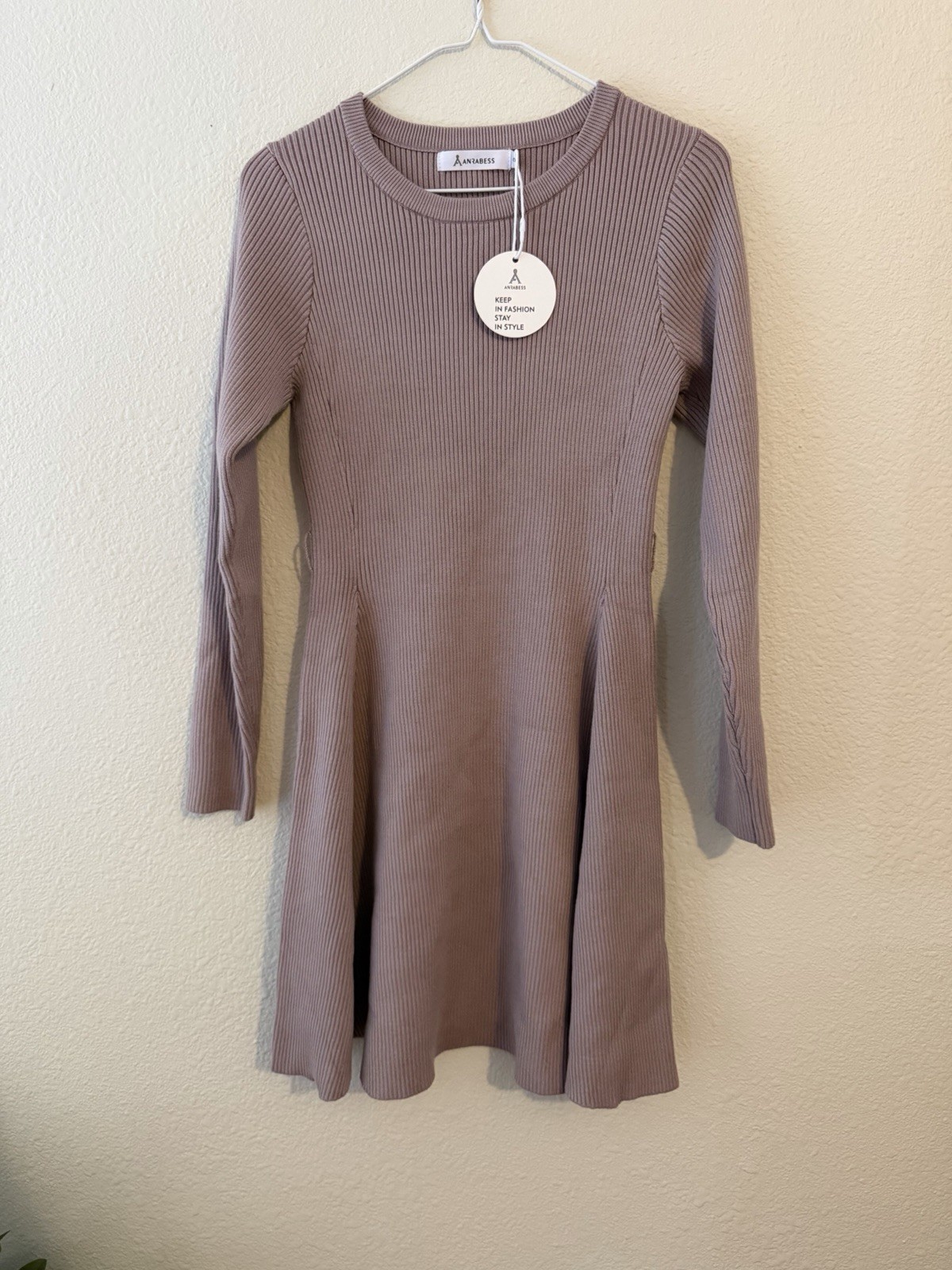 ANRABESS Knit Long Sleeve A-Line Dress, Taupe, Crew Neck, Size S