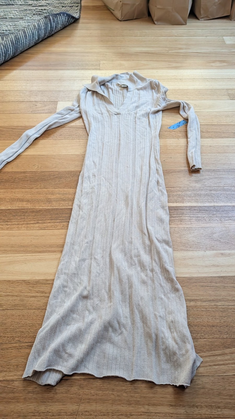 H&M Beige Ribbed Knit Polo Collar Maxi Dress Size S Long Sleeve