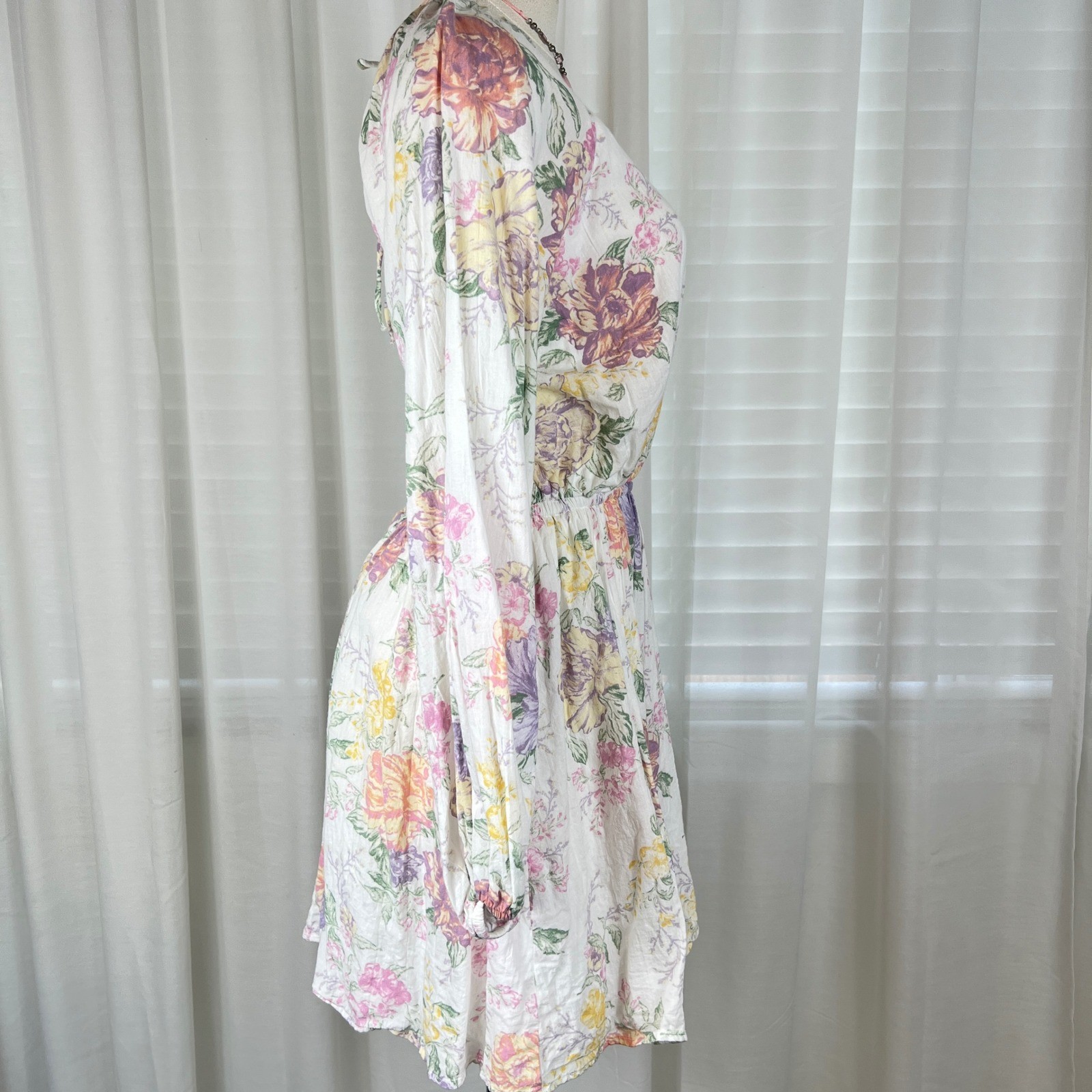 H&M Divided Floral Open Back Mini Dress White Pink Yellow Cotton Size S Small
