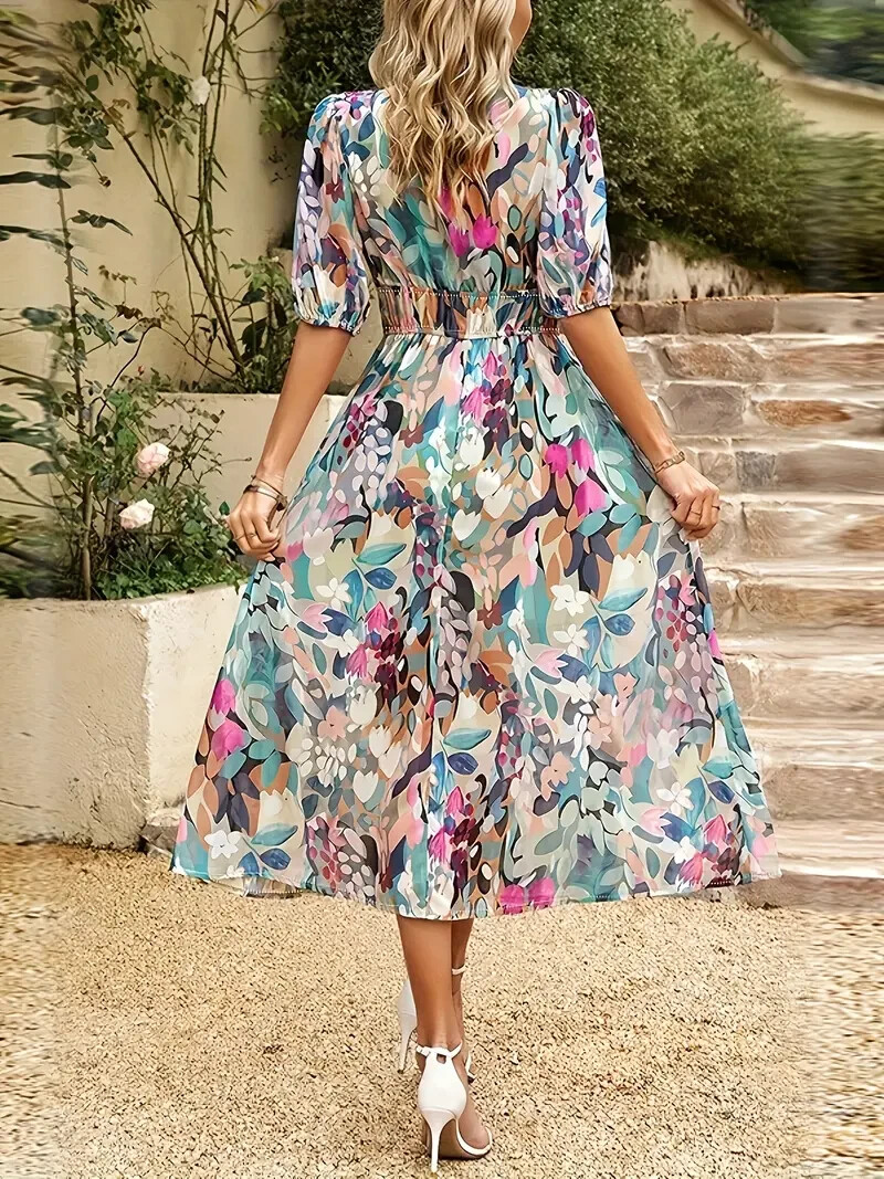Womens Woven Multicolor Abstract Print Elbow Sleeve V Neck Midi Dress Size L