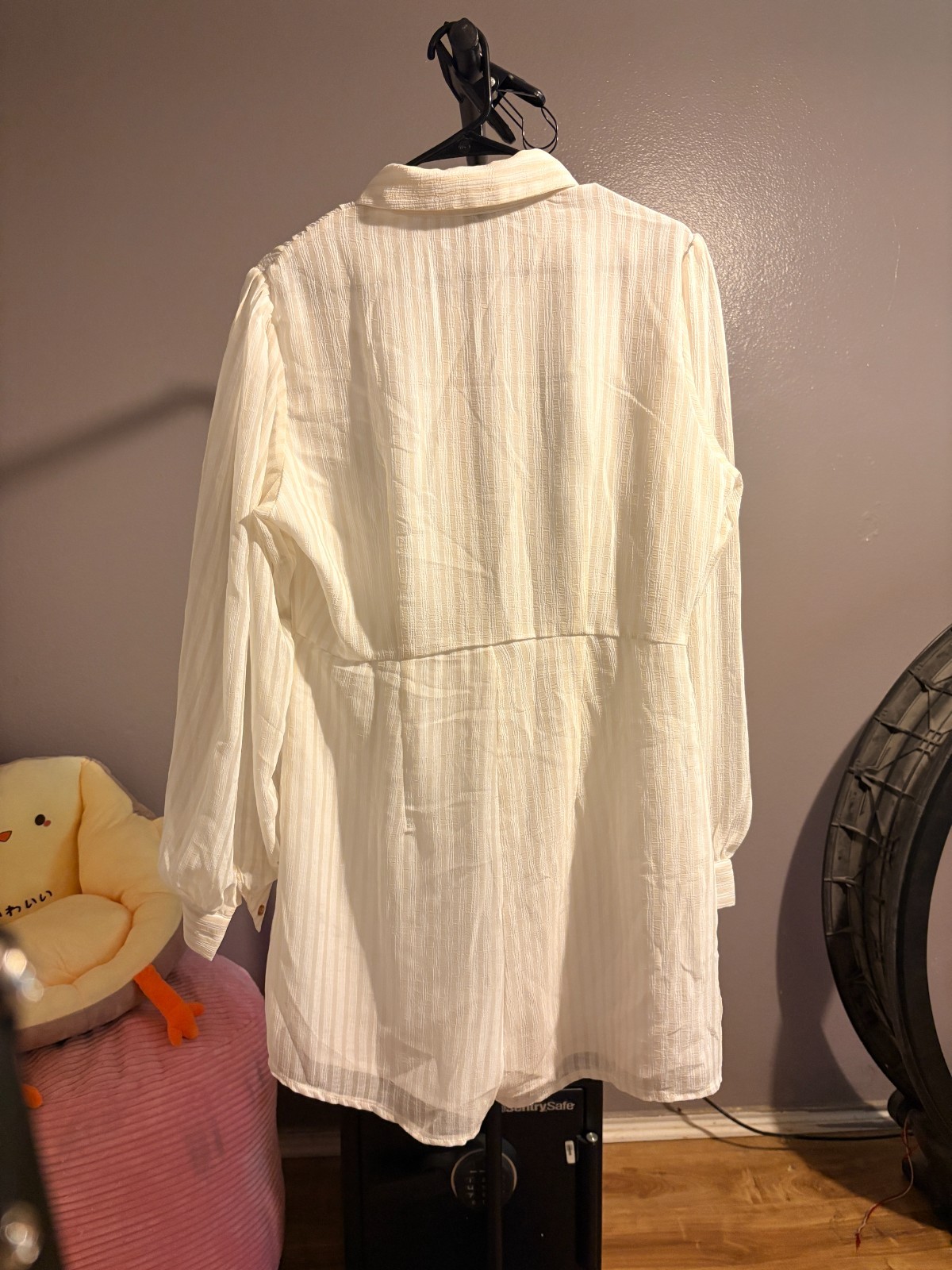 PrettyLittleThing – White w Yellow Stripes Button Up Dress, Cuffed Sleeve, Sz 12