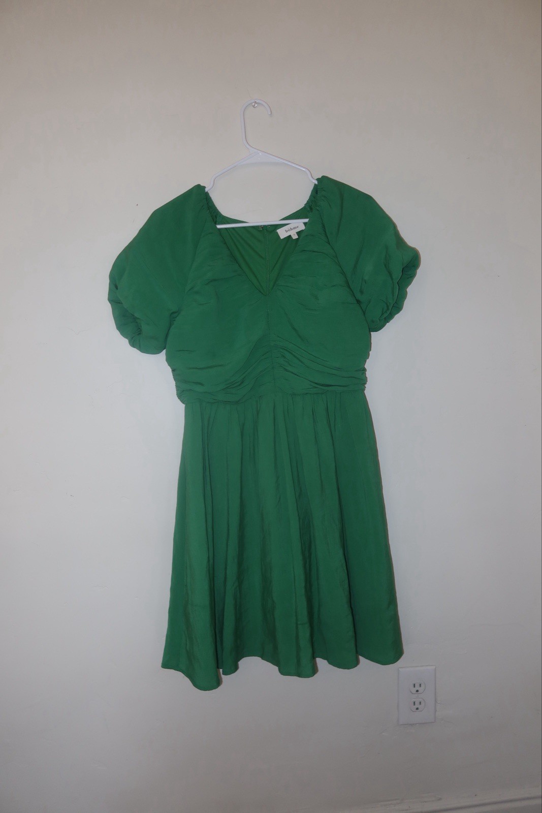 böhme Green Solid Ruched V-Neck Puff Short Sleeve Zip Knee Dress Size S