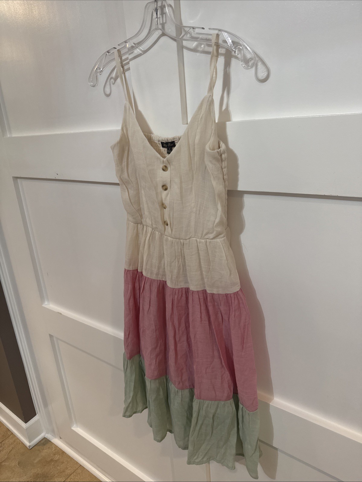 Lily Rose Summer Dress, Small, White Top, Striped Beige, Pink And Green