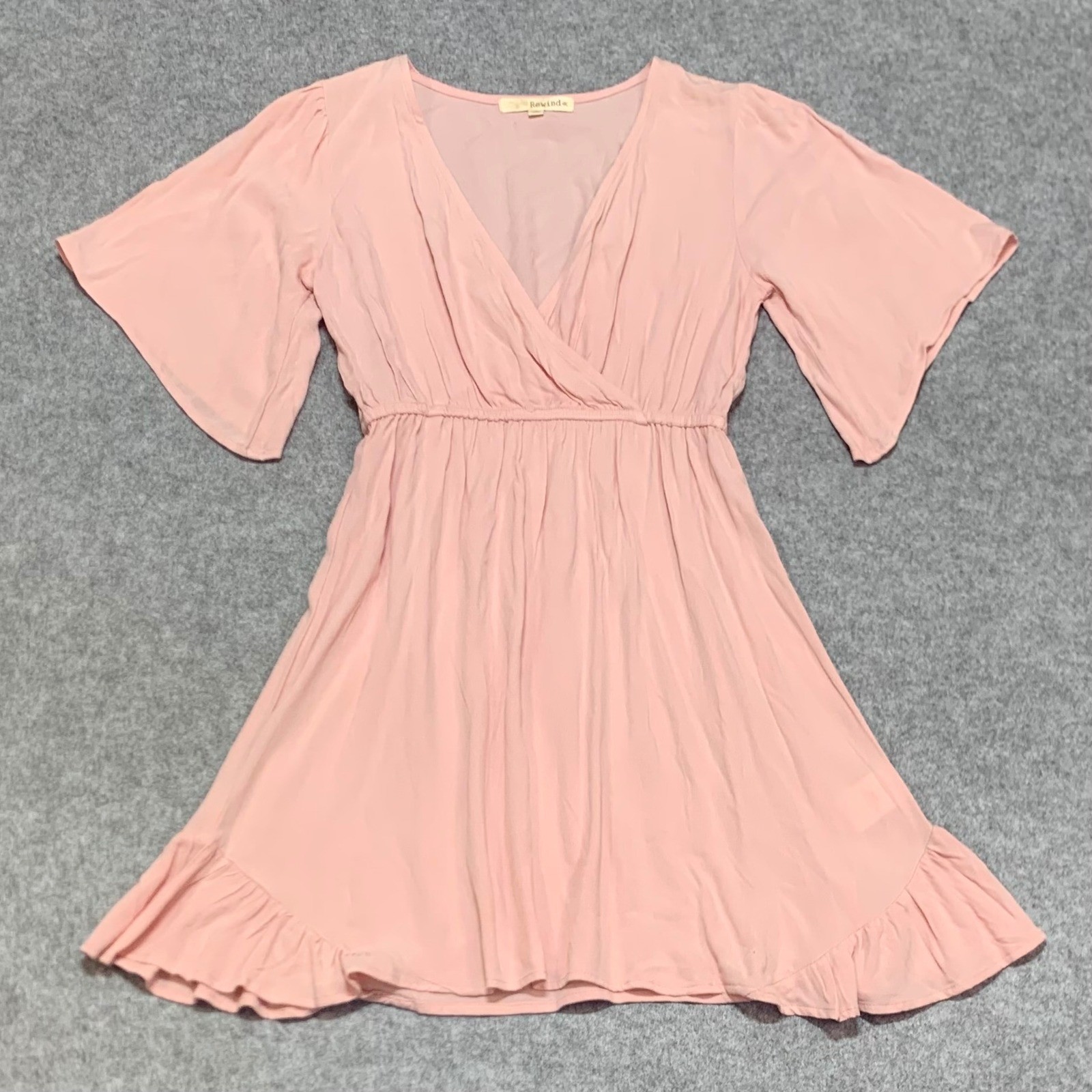 Rewind Womens Small Pink Surplice V-Neck Ruffle Hem Mini Dress Flutter Sleeve