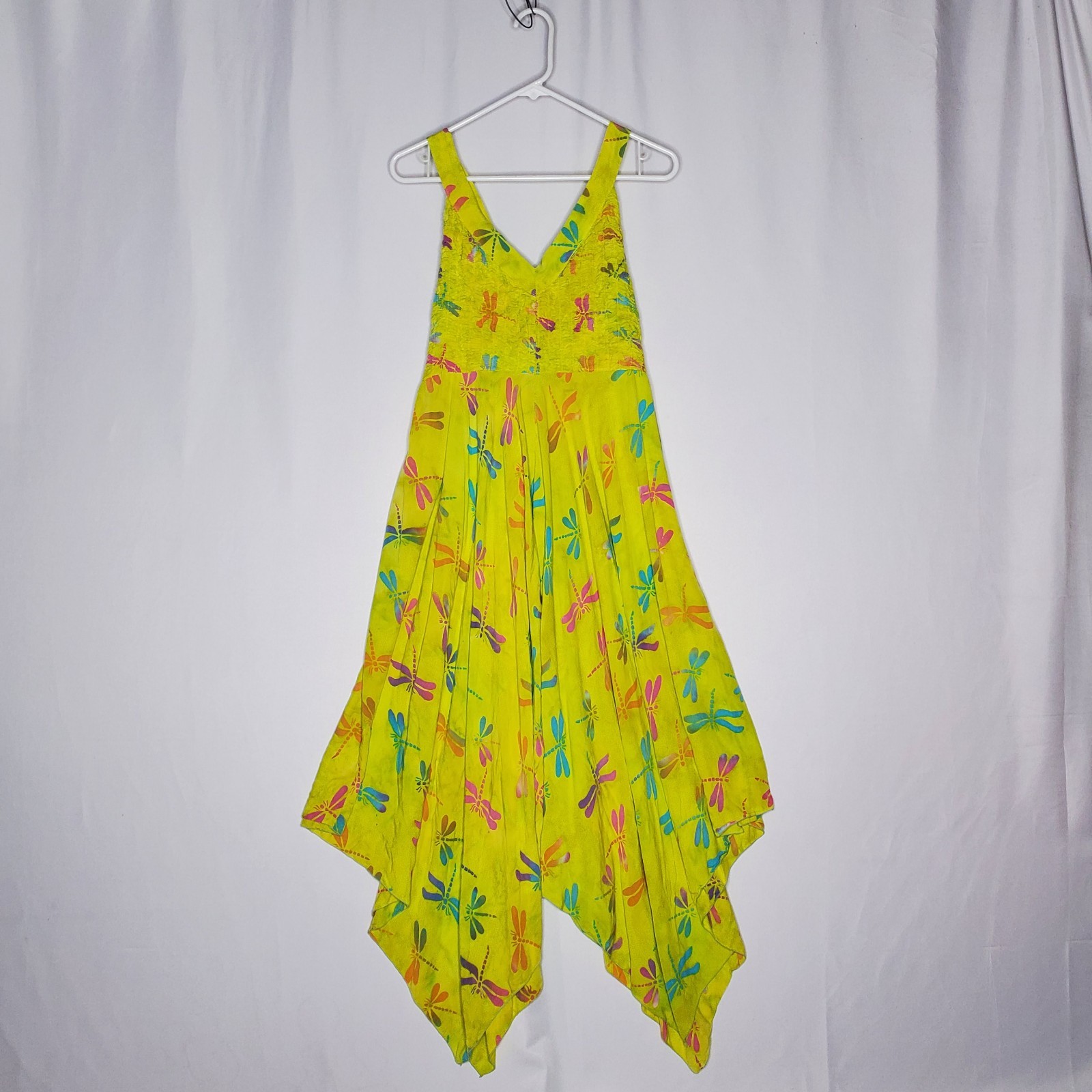 Lotus Traders Vtg Midi Dress S/M Asymmetric Dragonfly Fairy Boho Rainbow Hippie