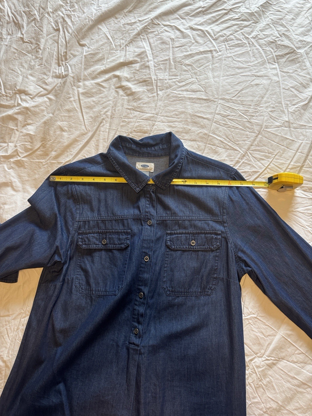 Old Navy Dress Womens Medium Dark Blue Chambray Long Sleeve Popover Shirt Shift