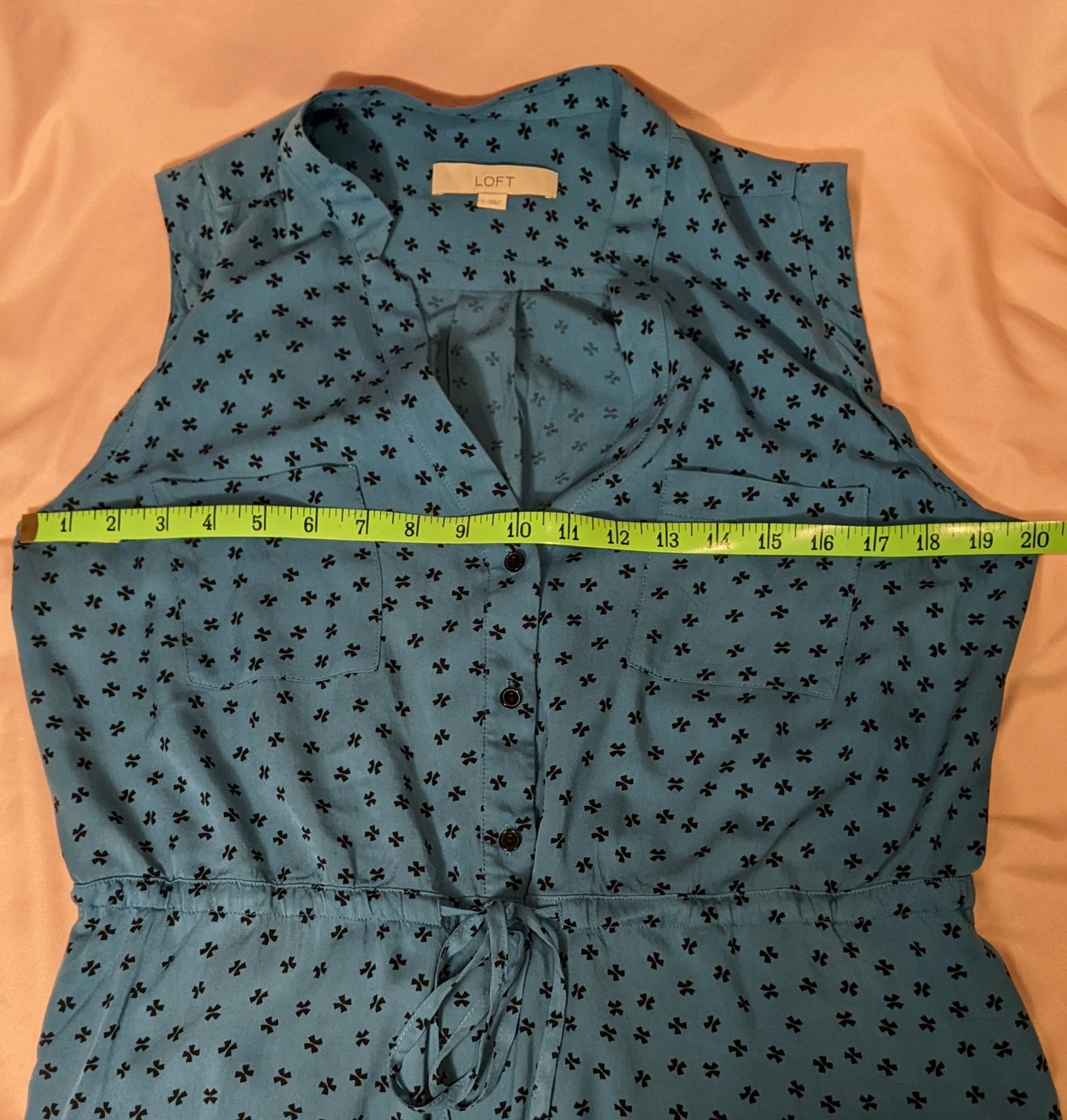 Loft Teal Blue Sleeveless Drawstring Floral Print Dress Size Large