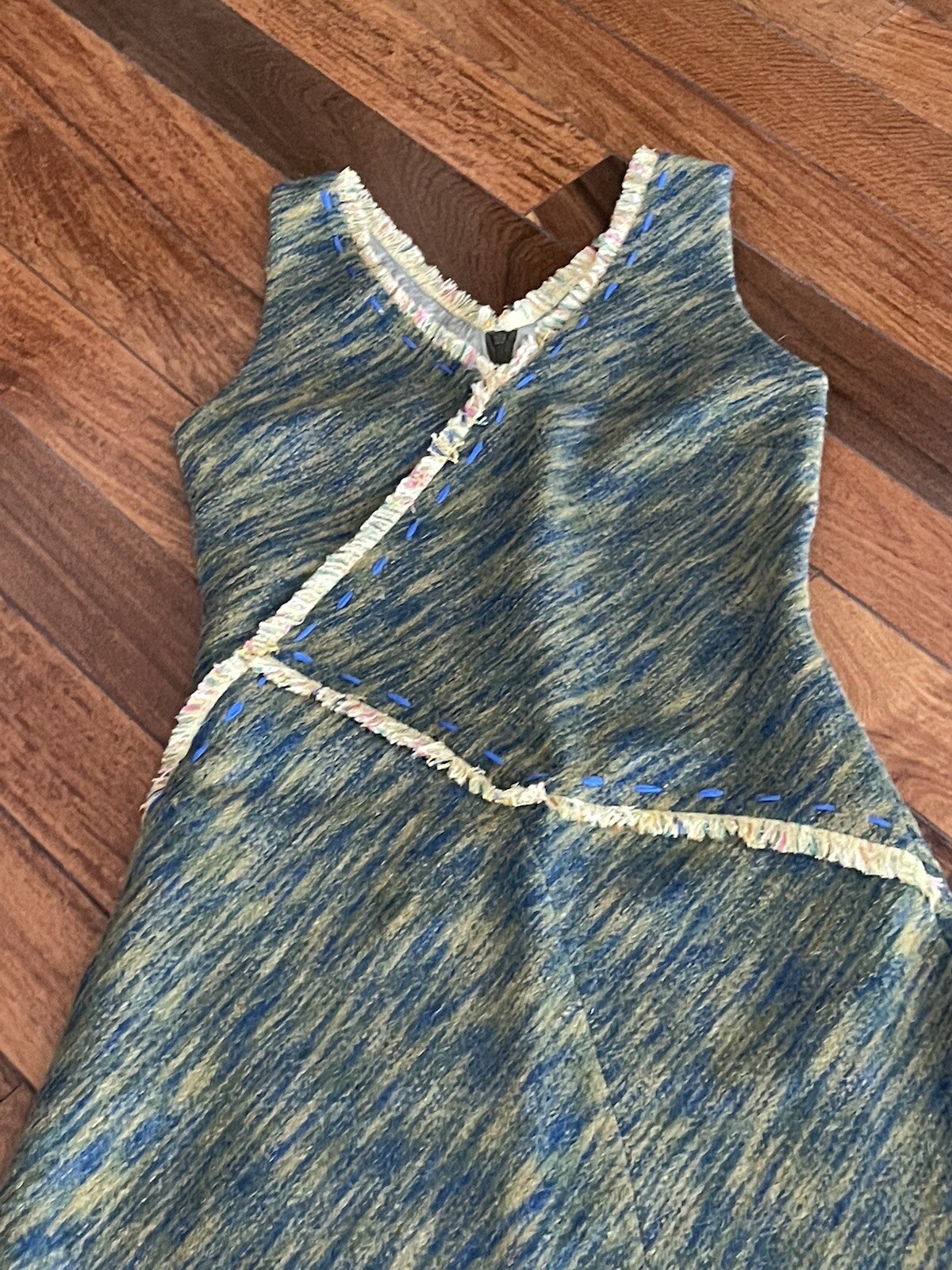 CACHAREL Unbalanced Wool Tweed Dress with Frayed Trim, Green-Blue, Size 40/Small