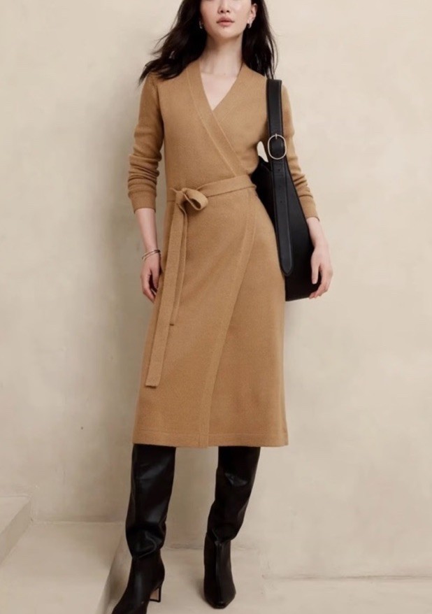 Banana Republic Rayon Blend Brown Waist Tie Long Sleeve Wrap Knit Dress Sz XS