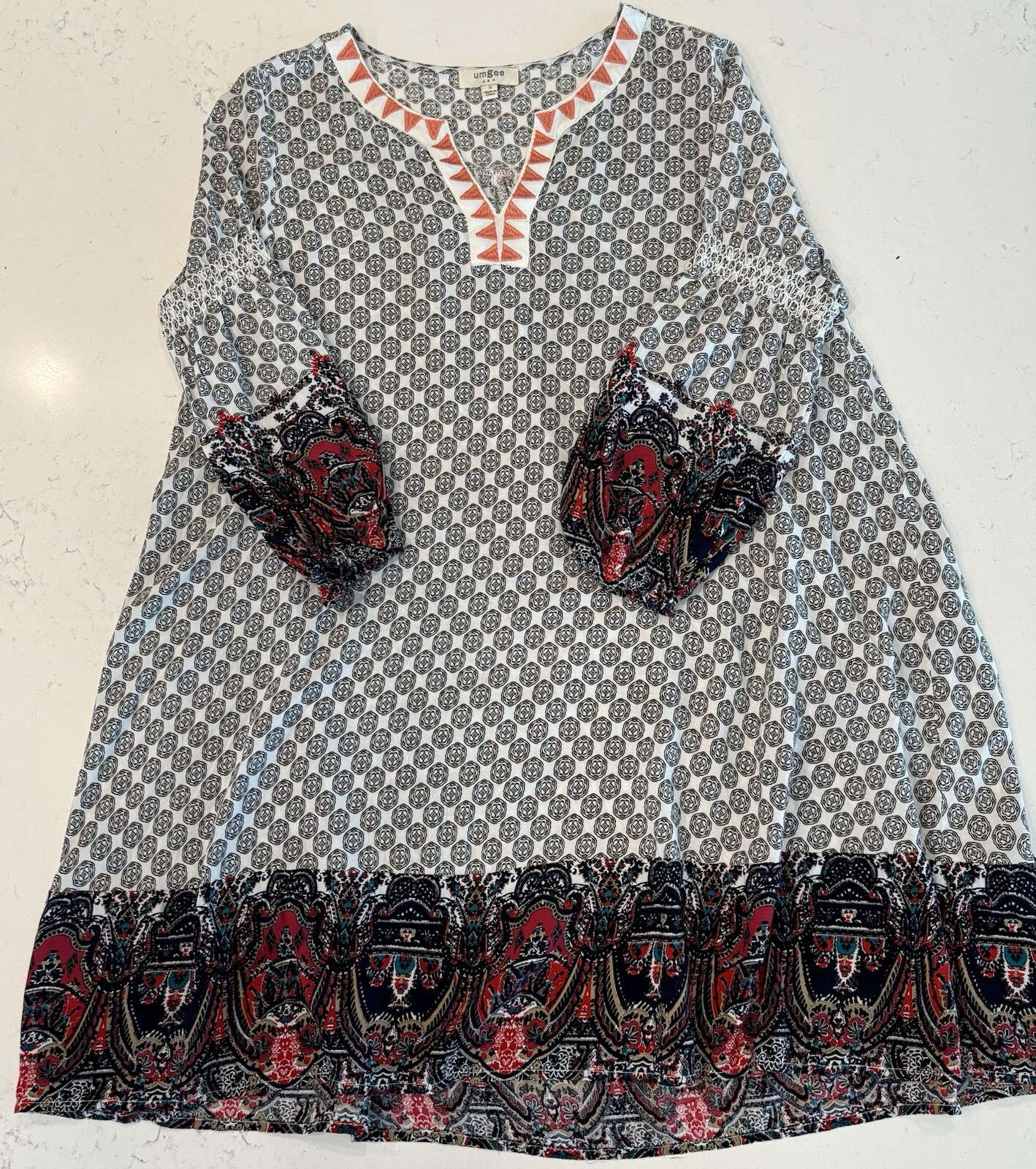 UMGEE Womens Dress Small VNeck 3/4 Sleeve Bohemian Whimsical Peasant Folk Tribal