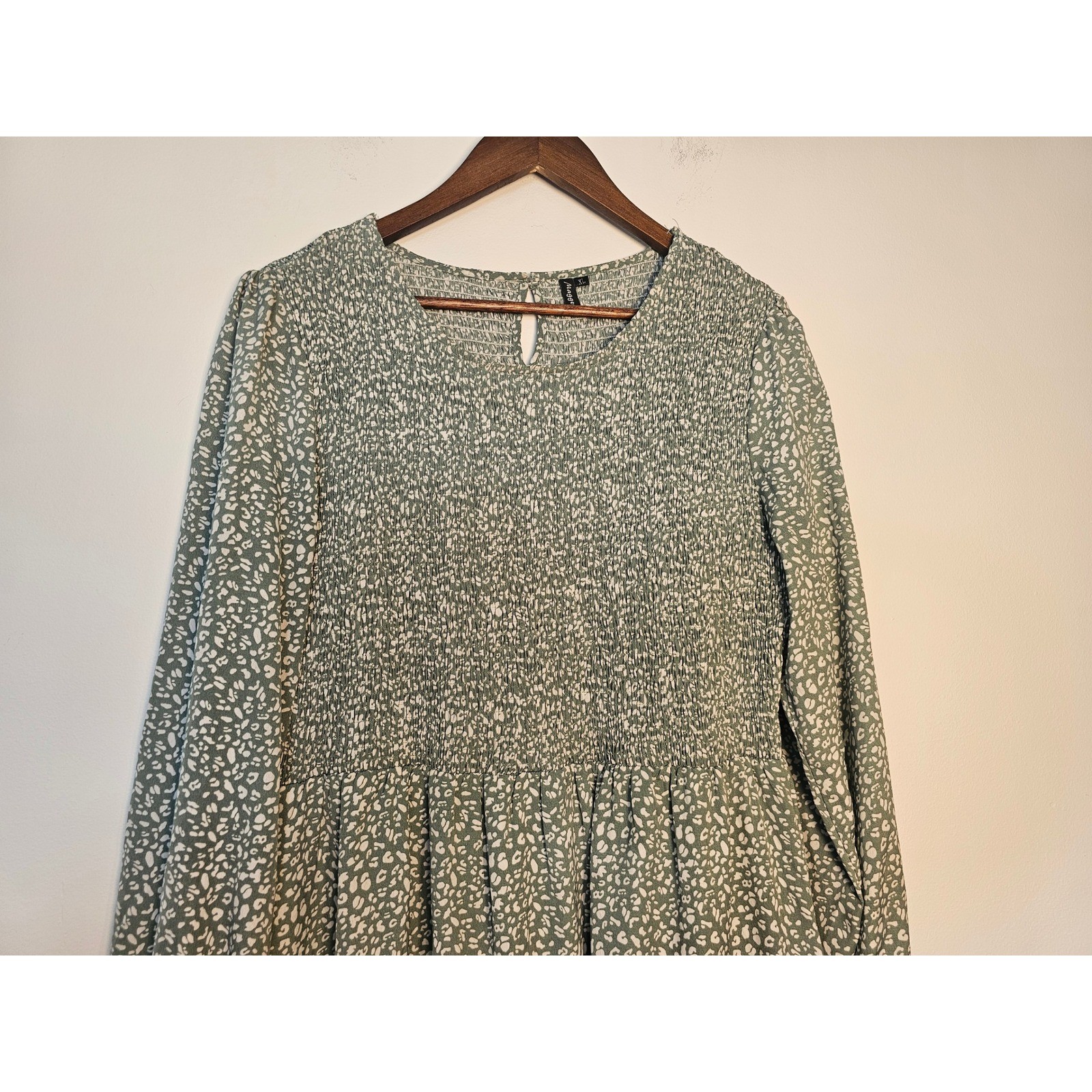 Cottagecore Maggeer Smocked Tiered Midi Dress Womens XL Sage Green Animal Print