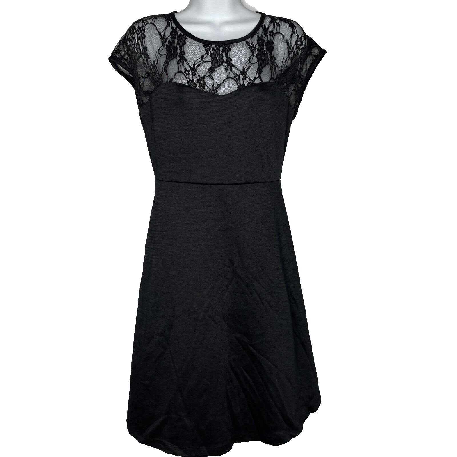 Rock Steady Retro Black Stretch Jersey Floral Mesh Lace Fit Flare Dress Size M