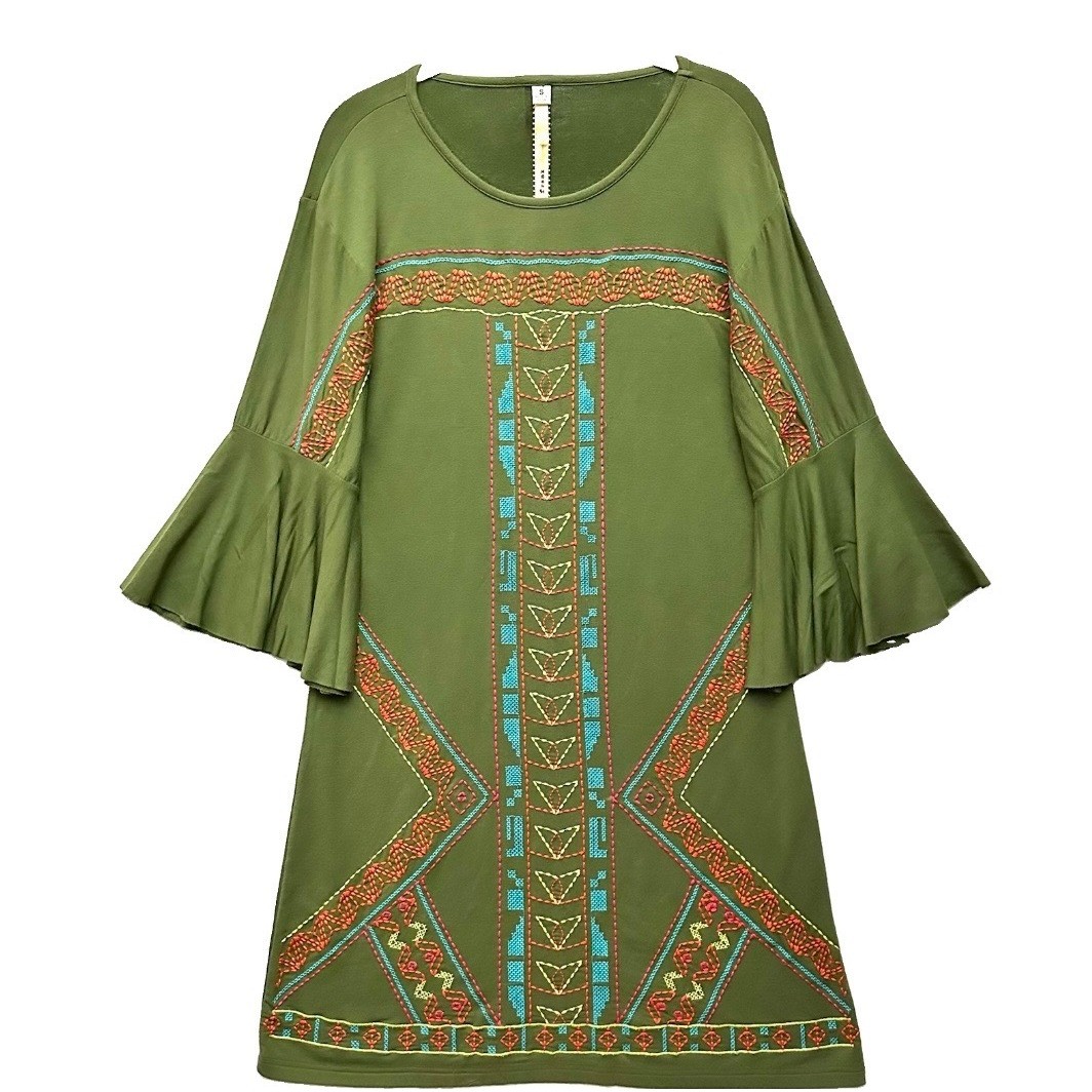 Uncle Frank Embroidered Bell Sleeve Boho Knit Dress S Small Olive Green