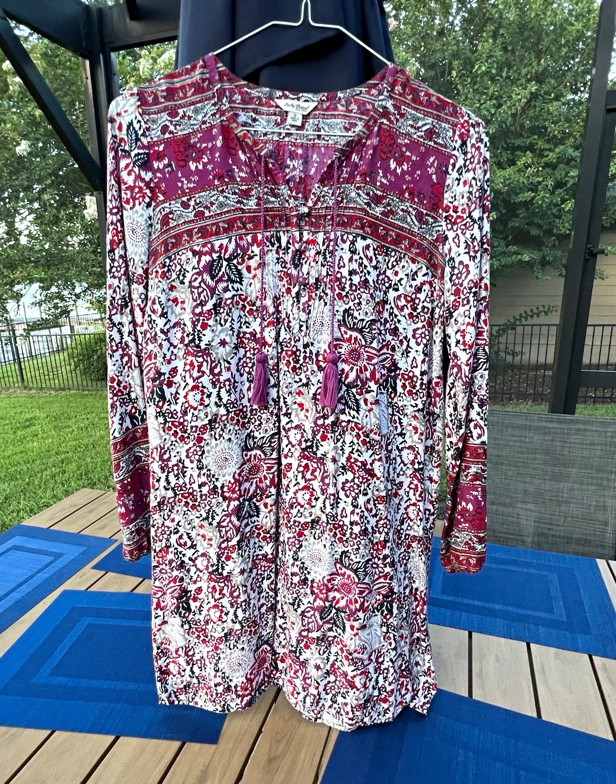 Lucky Brand Boho Floral Long Sleeve Tunic Dress Small Burgundy Tassel Tie