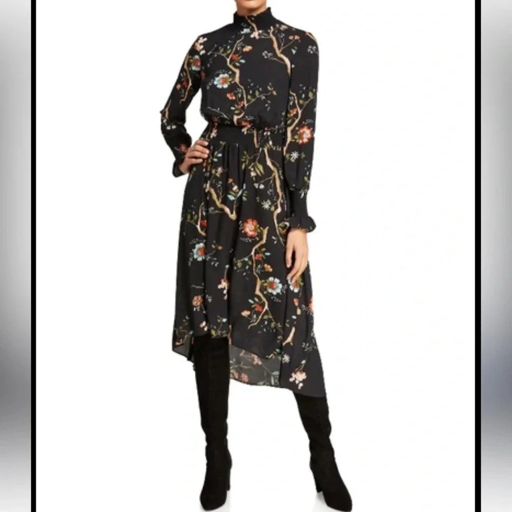 Nanette Lepore Floral Smocked High/Low Dress in Very Black Multi. Size 14. NWT.