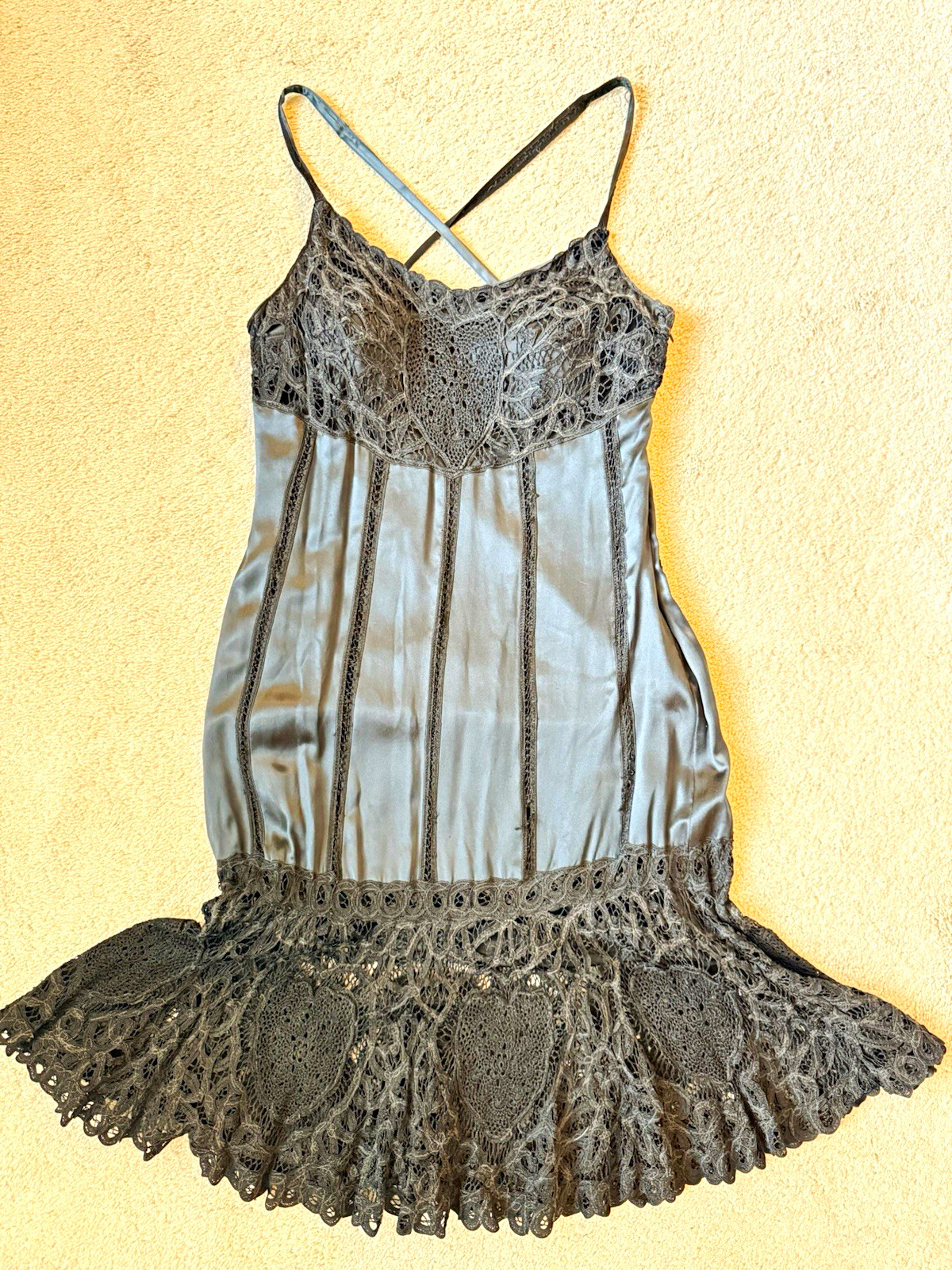Vintage Sue Wong Silk Blend Black Crochet Lace Slip Dress Y2K Gothic Size 10