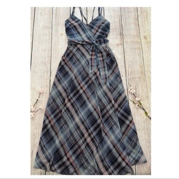 F1– NWT multicolor PRESLEY SKYE spag strap plaid long maxi dress XS $149
