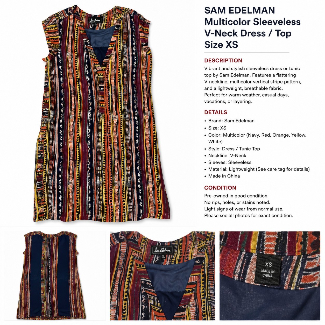 Sam Edelman Striped Multicolor Sleeveless V-Neck Lightweight Short Tunic XS