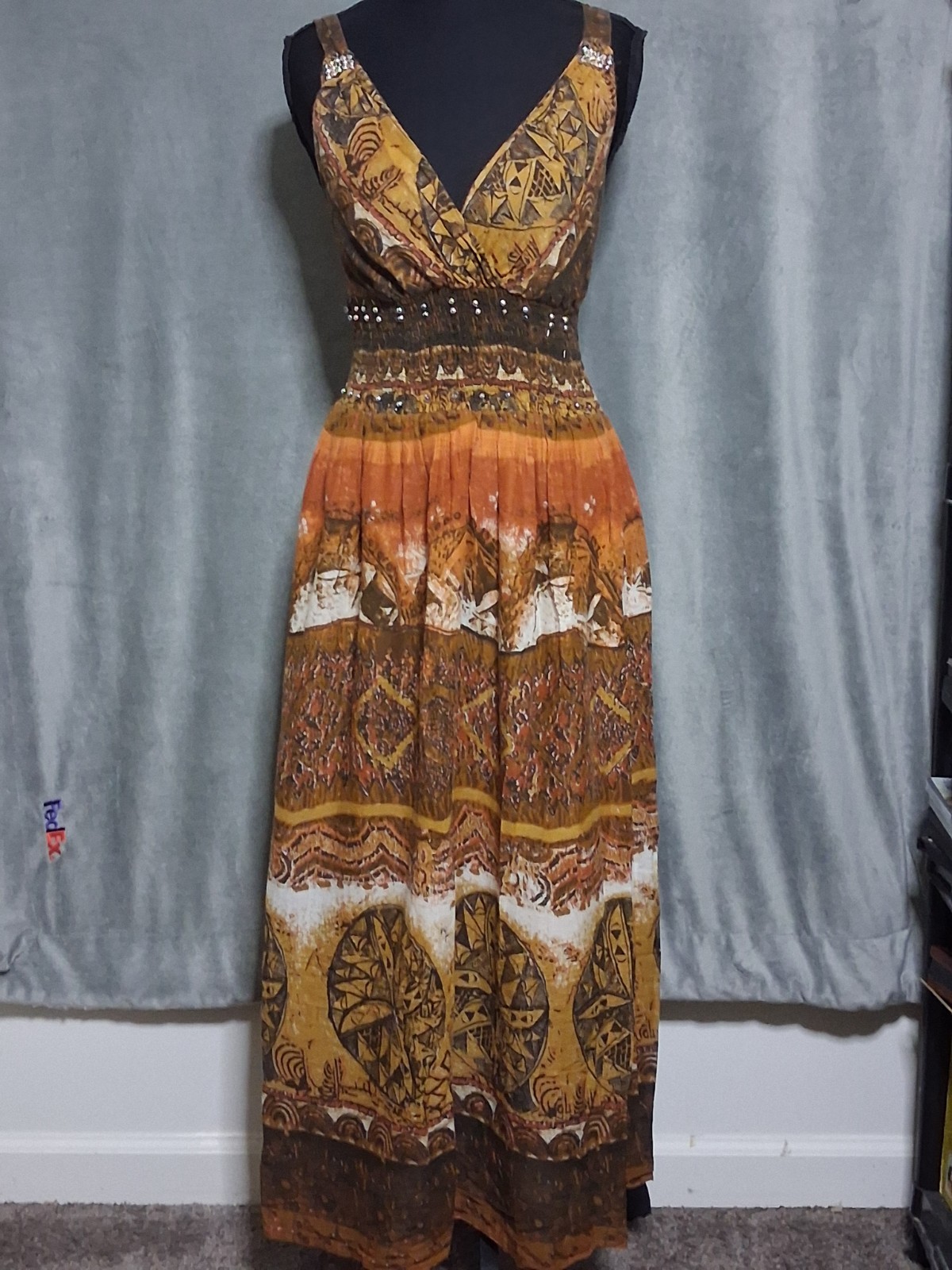 Cassee’s Women’s Size M Madrag Boho Tribal Print Smocked Waist Maxi Sundress