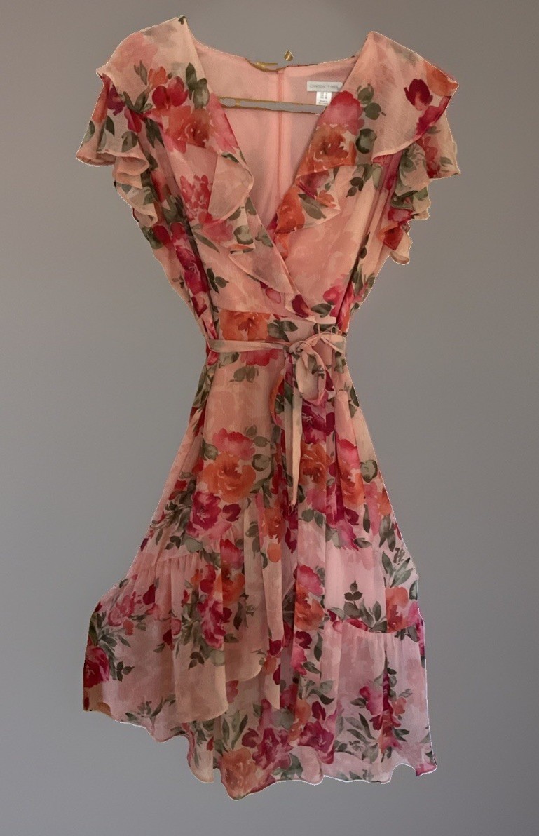 London Times Faux Wrap Dress Midi Hi Low Pink Orange Floral Tie Waist Summer 8