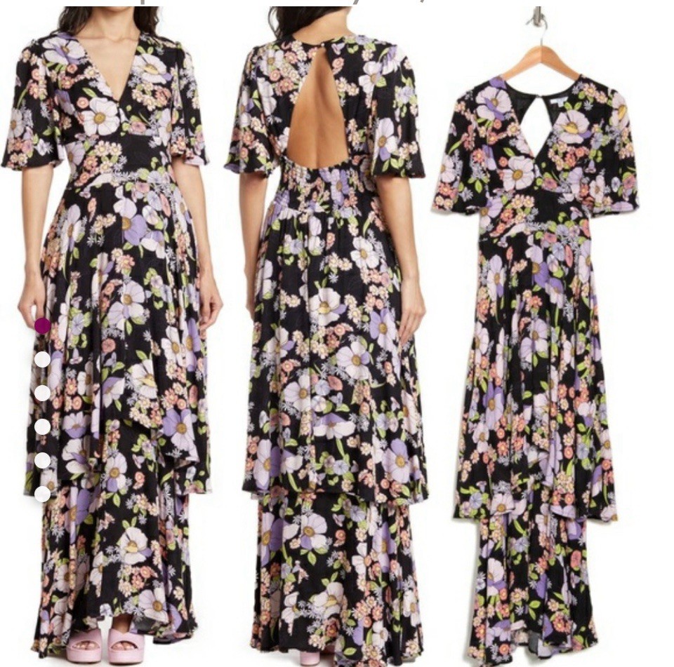 AFRM Colorful Floral Open Back Maxi Dress, Noir Summer Bouquet Size S Bohemian