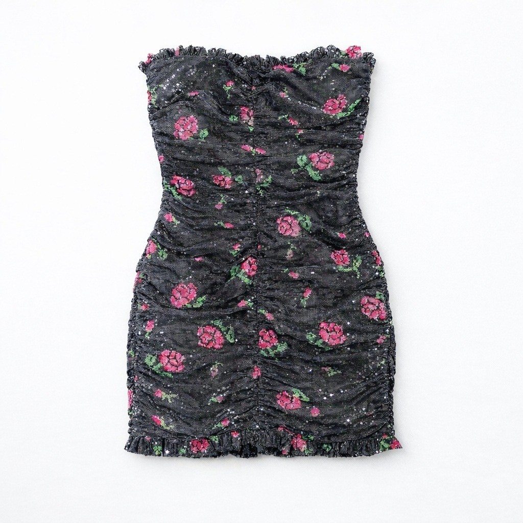 For Love & Lemons Every Rose Sequin Strapless Mini Dress S Black Floral Coquette