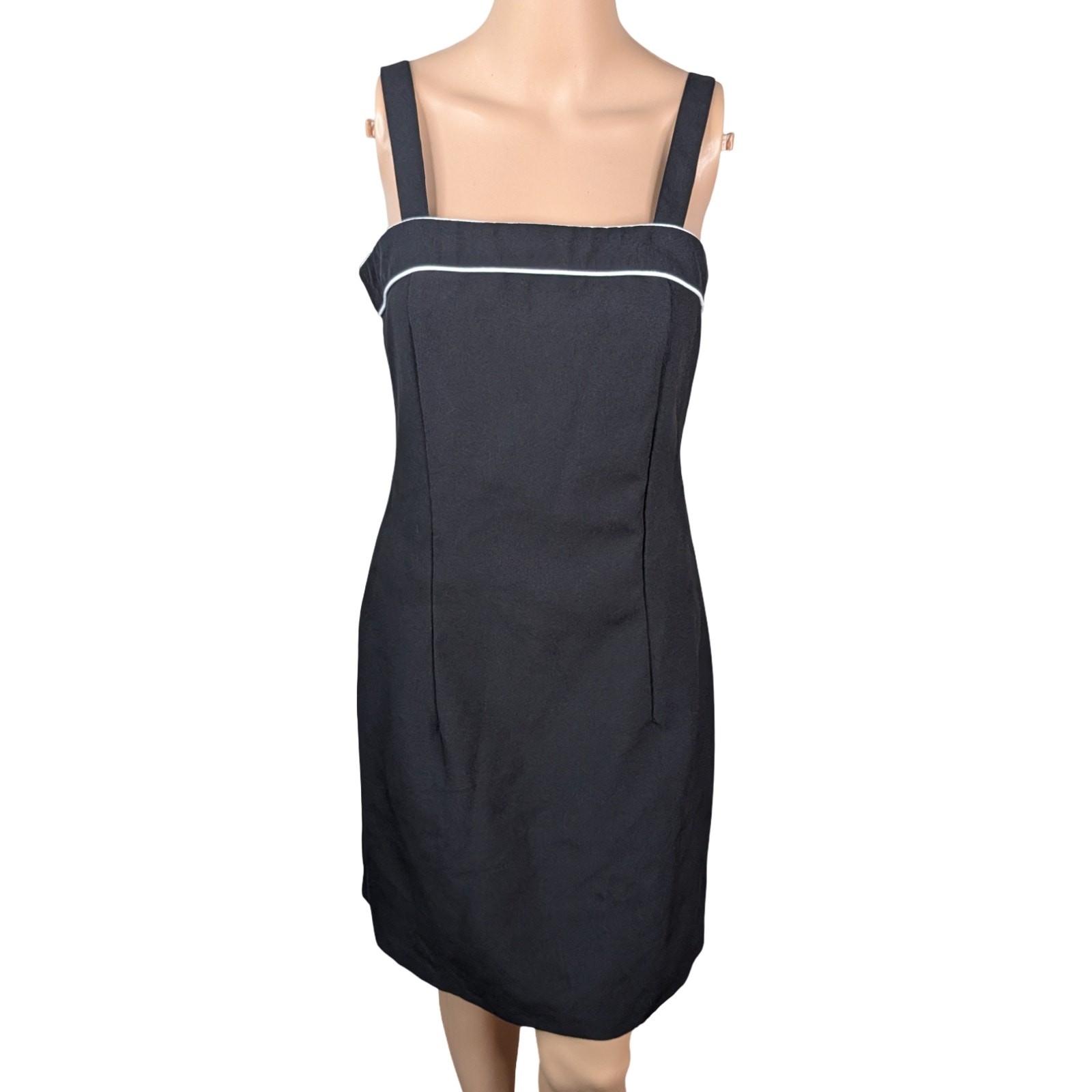 Vintage 90s Rag Black Sheath Dress White Piping Office Siren Button Strap S/M