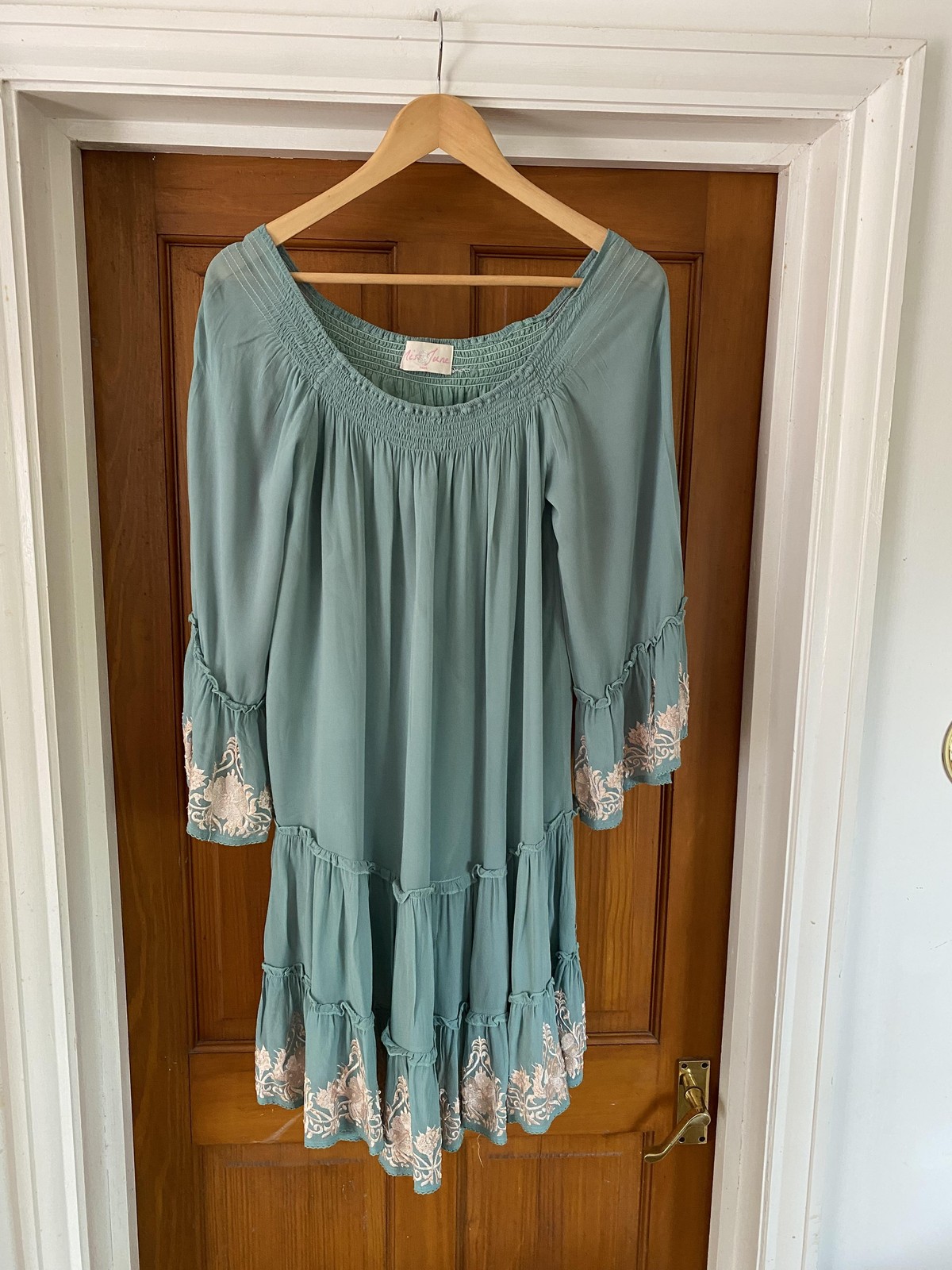 Miss June Embroidered Short Dress Women’s One Size Green Boho Beach Chiffon