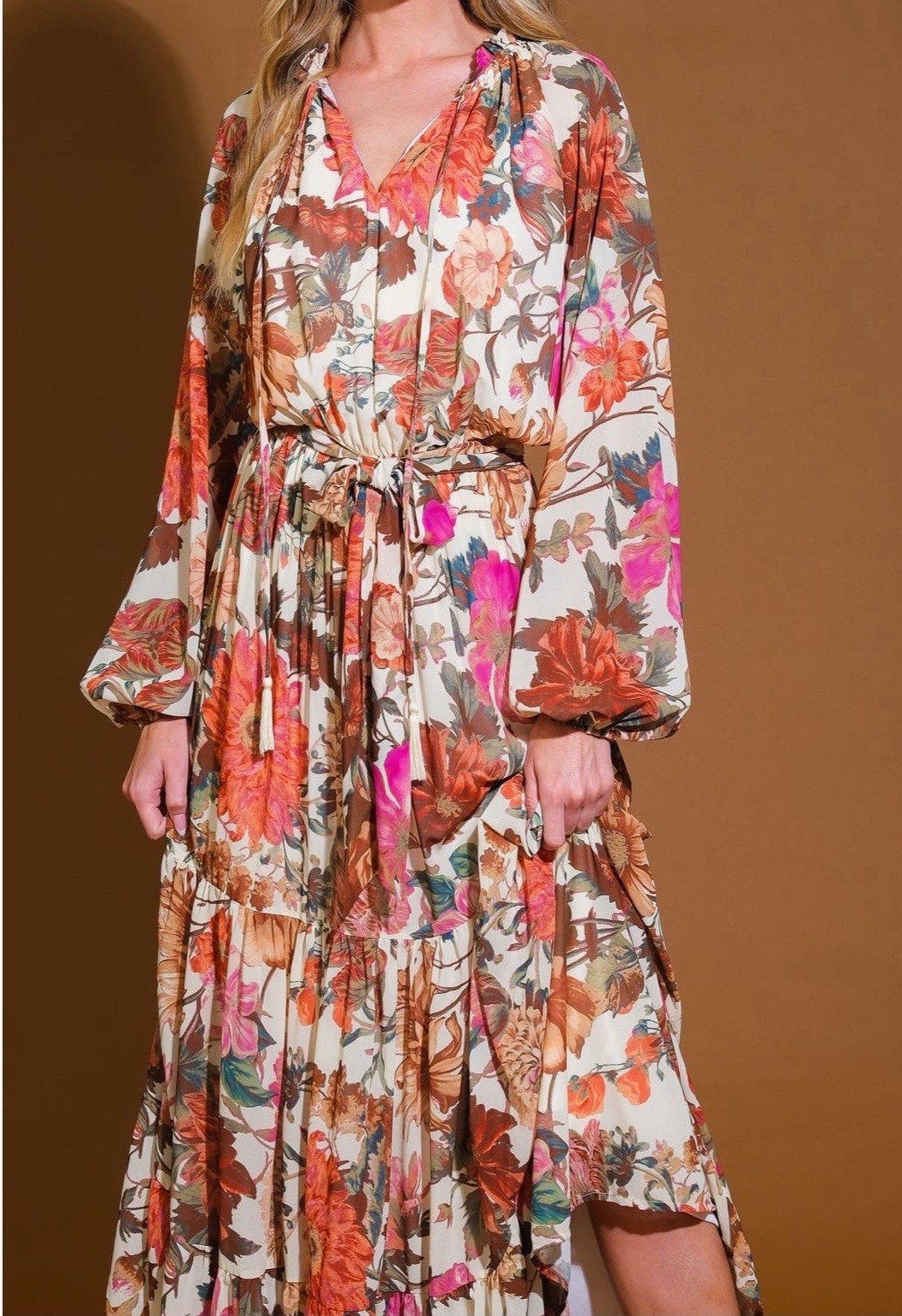 Flying Tomato Flowing Dress Size M Cream Fall Floral Long Sleeve Boho